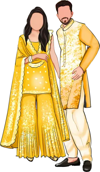 Illustrated couple dressed in yellow for the Haldi