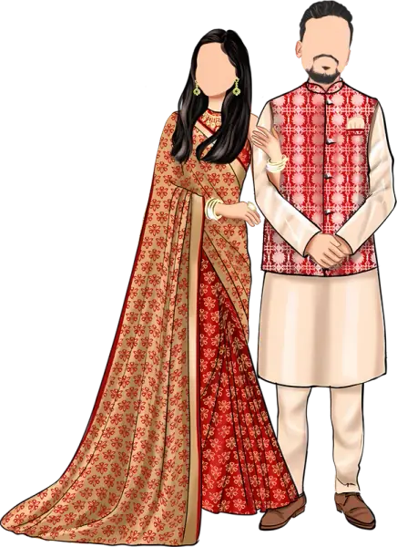 Illustrated couple at the Mehndi, the bride in an orange saree