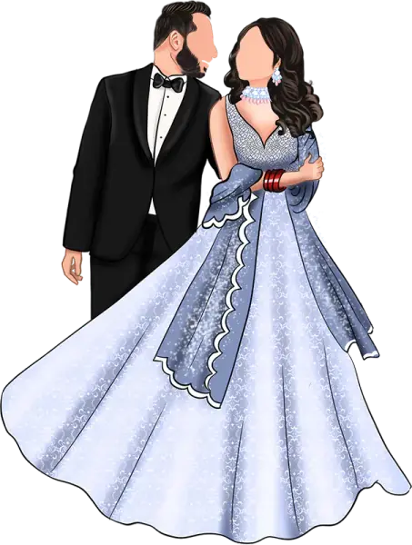 Illustrated couple at their reception in a tuxedo and gown