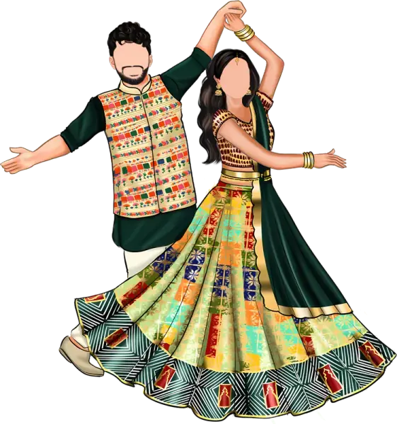 Illustrated couple dancing at their Sangeet