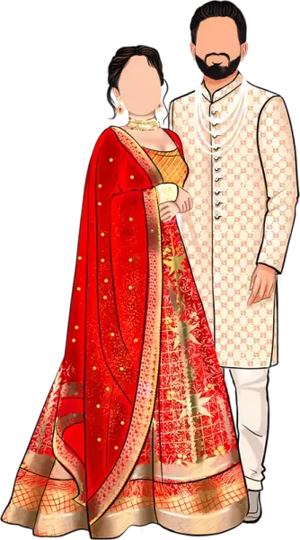Illustrated bride in a red lehenga and groom for the Pheras