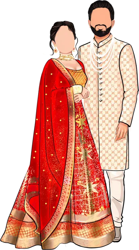 Illustrated bride in a red lehenga and groom in a sherwani, standing before a peacock's fanned train